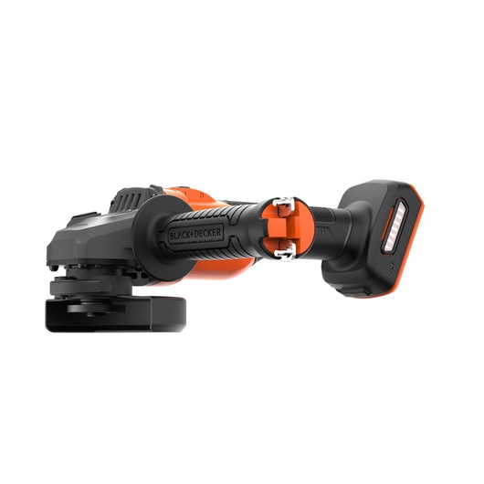 A BLACK+DECKER cordless angle grinder with an orange and black design, showing the side view of the product including the handle and battery pack.