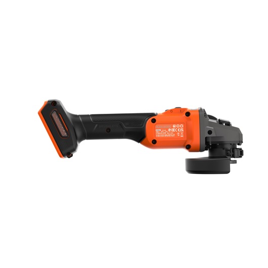 A BLACK+DECKER cordless angle grinder with an orange and black design, featuring a brushless motor and ergonomic handle. The tool is displayed on a white background.