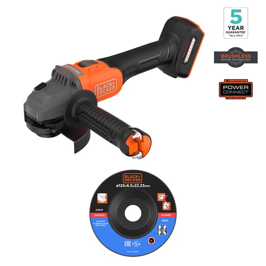 BLACK+DECKER cordless angle grinder with brushless motor, battery system and a grinding disc shown.