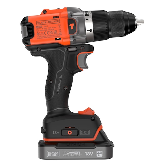 A BLACK+DECKER cordless drill with an 18V lithium battery, shown in a side view. The drill features a black and orange design, a textured grip, and a brushless motor label on the handle.