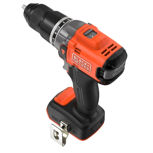 A BLACK+DECKER cordless drill with a black and orange design, equipped with a brushless motor. The drill features an adjustable torque ring and a metal belt clip attached to the base.