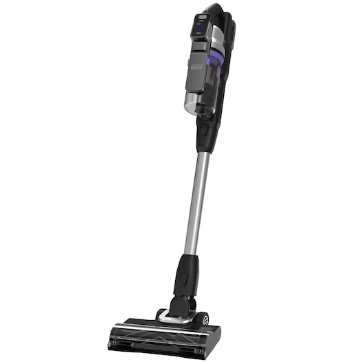 A BLACK+DECKER cordless stick vacuum cleaner with a sleek design, featuring a slim silver wand and a transparent dust container, shown standing upright against a white background.