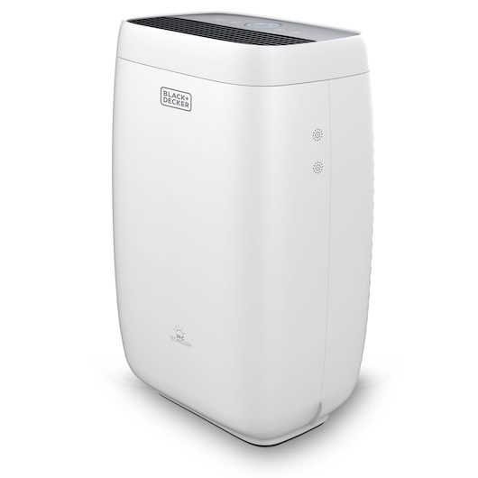 A BLACK+DECKER branded white air purifier with a modern design, featuring air vents on top and control buttons on its upper surface.
