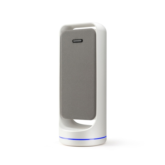 A BLACK+DECKER BXAP60E air purifier in a vertical, modern white and grey design with a blue LED light near the base, shown on a white background.