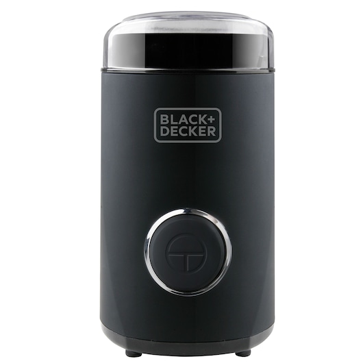 Front view of a Black+Decker electric coffee grinder with a black cylindrical body, a transparent lid, and a central round button.