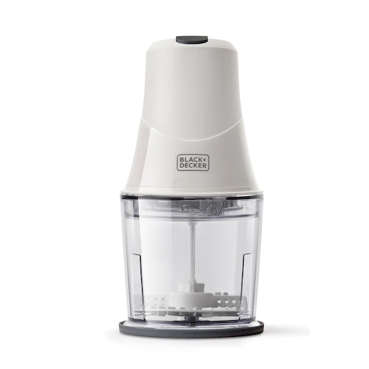 A BLACK+DECKER electric food chopper with a white top and transparent container, shown on a white background.