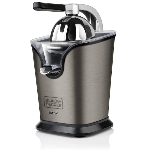 A BLACK+DECKER electric citrus juicer with a metallic finish, lever arm, spout, and 100W power rating.