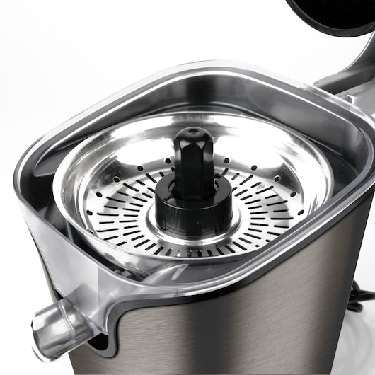 Photo of BLACK+DECKER BXCJ100E citrus juicer, stainless steel body with a close-up of the strainer and spout, product angle.