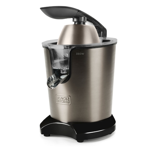Stainless steel electric citrus juicer by BLACK+DECKER with a 350W motor, featuring a pouring spout, black base, and a lever for pressing citrus fruits.