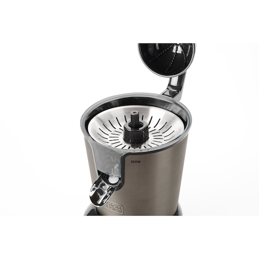 Close-up image of a BLACK+DECKER electric citrus juicer, model BXCJ350E, showing the metallic filter and spout, with the lid open.