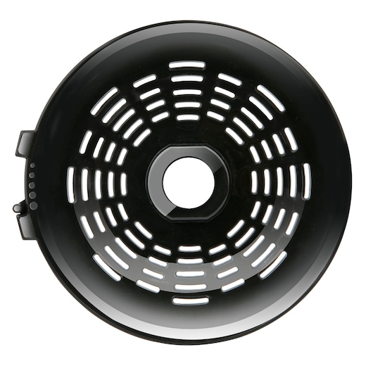 Top view of a black circular plastic component with a central hole and multiple evenly spaced slots around the surface. The object appears to be a part of an appliance or machine.