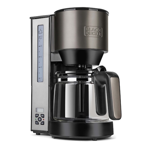 BLACK+DECKER BXCO1000E drip coffee maker with a glass carafe, black and metallic finish, control buttons, and water level indicator.