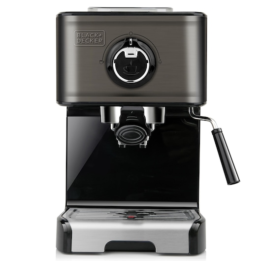 Front view of a BLACK+DECKER espresso machine, featuring a central dial, portafilter, drip tray, and a steam wand on the right side.