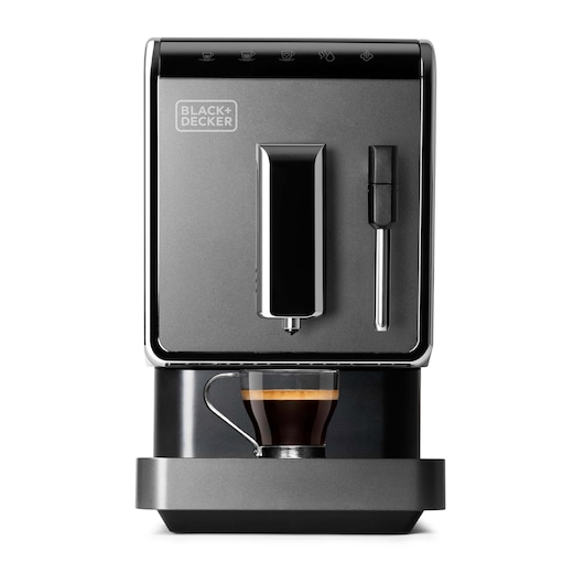 BLACK+DECKER BXCO1470E coffee machine front view with glass cup of espresso on tray, black and silver design.