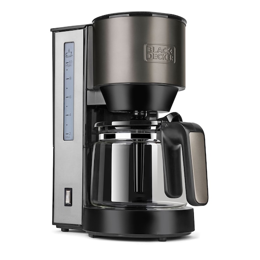 BLACK+DECKER drip coffee maker with glass carafe and black and silver finish, featuring a visible water level indicator on the side.