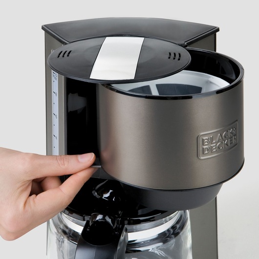 BLACKDECKER BXCO870E coffee maker, front angle, hand opening black lid, silver finish, visible water level indicator.