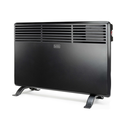 A BLACK+DECKER portable electric convection heater in black, featuring a rectangular shape with vented slats on the top half and sturdy legs for stability.