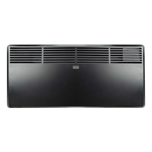 A BLACK+DECKER BXCSH1800E wall-mounted convection heater with a black rectangular front panel and horizontal vents at the top.