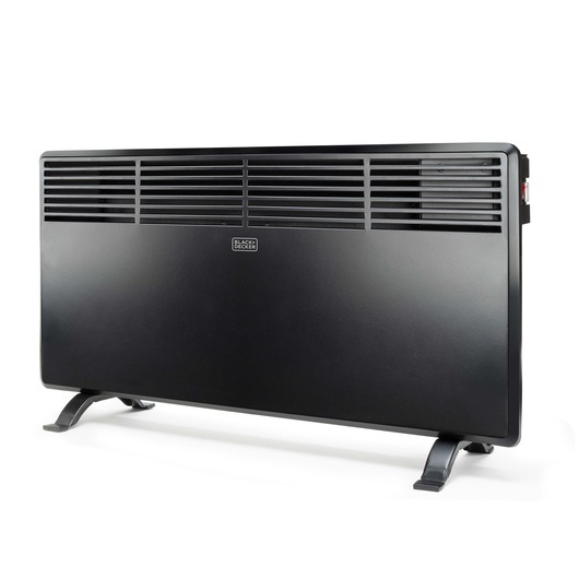 A black freestanding convector heater from BLACK+DECKER with ventilation grilles at the top and two supporting feet.