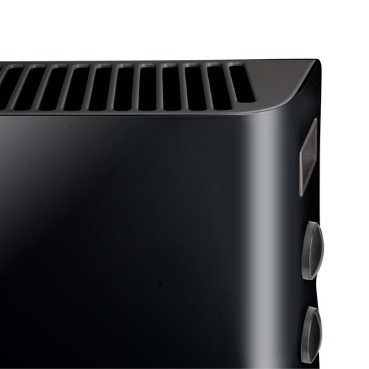 BLACKDECKER BXCSH2000E black heater detail, showing vented top and side control knobs, front angle.