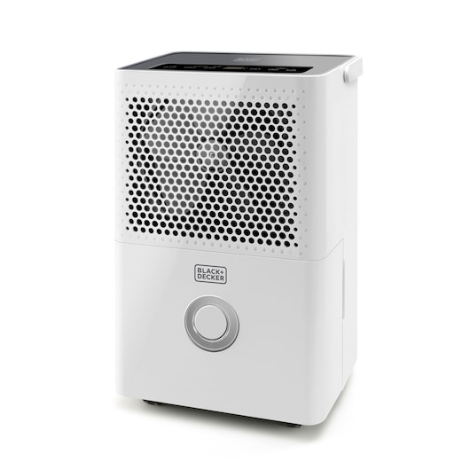 A BLACK+DECKER BXDH12E dehumidifier in white color, featuring a front circular vent with a perforated grille and a control panel on the top.