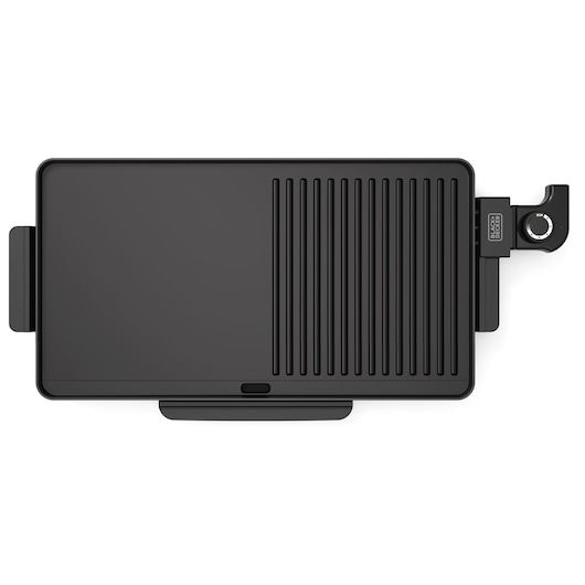 Top view of a BLACK+DECKER BXGB2200E electric griddle with a dual surface—one half smooth and one half ridged, featuring a control knob on the right side.