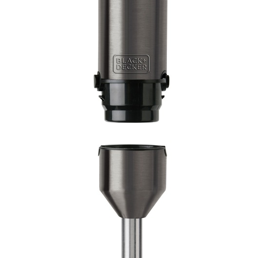 BLACKDECKER BXHB1000E hand blender close-up, stainless steel finish, straight angle, detached parts.
