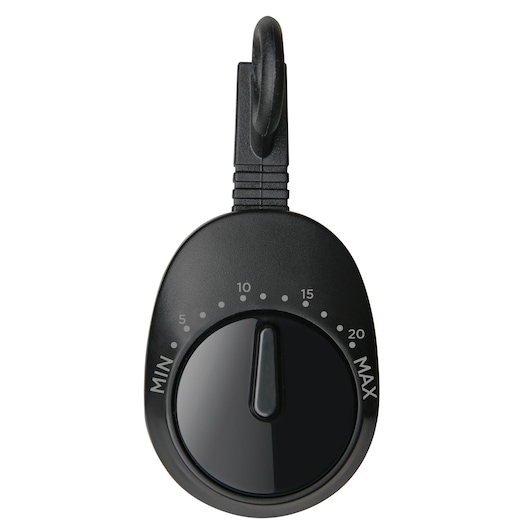 BLACKDECKER BXHB1000E timer dial with minimalist black design, showing minute markings and a central knob, top view.