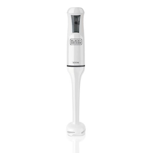 A BLACK+DECKER BXHB500E white hand blender with a sleek design, featuring a 500W power rating printed on the front, shown upright against a white background.