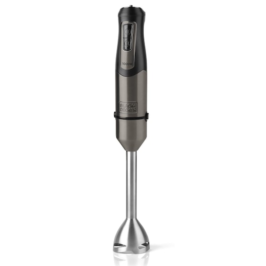 BLACK+DECKER hand blender BXHBA1000E with stainless steel shaft and black handle, featuring two control buttons on the front.