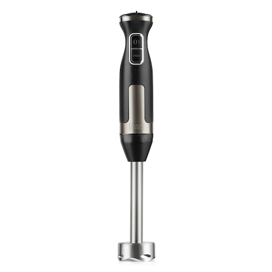 A BLACK+DECKER hand blender with a black and stainless steel design, shown upright against a white background.