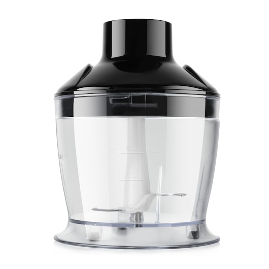 BLACKDECKER BXHBA1500E blender chopper attachment, transparent container with black lid, front angle on white background.