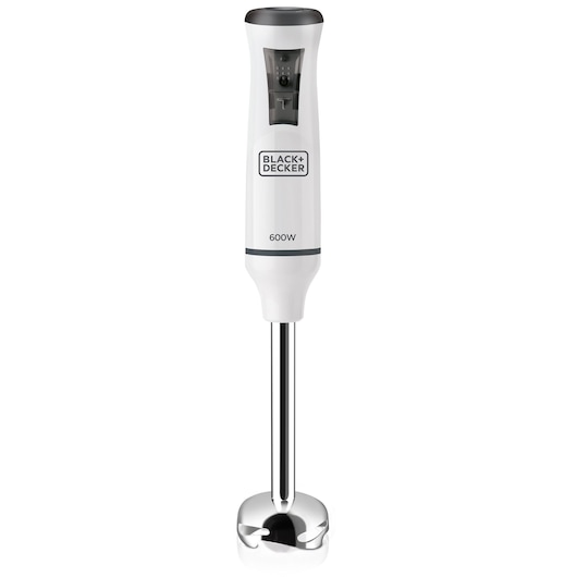 A BLACK+DECKER handheld stick blender with a white and silver design, featuring a 600W power label and stainless steel blending shaft.