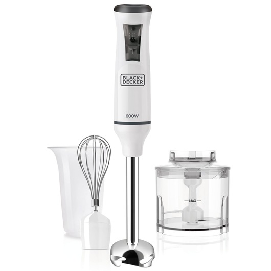 A BLACK+DECKER 600W hand blender set including a white and silver hand blender, a whisk attachment, a blending container, and a chopper bowl with a lid.