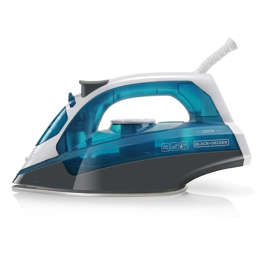 A BLACK+DECKER steam iron, model BXIR2200E, with a blue and white design and 2200W power, shown in a side view.