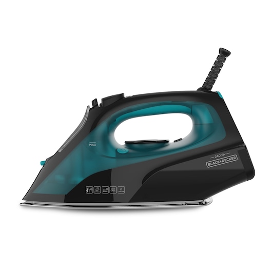 A BLACK+DECKER electric steam iron, model BXIR2403E, with a black and teal design, shown in a side profile view against a white background.