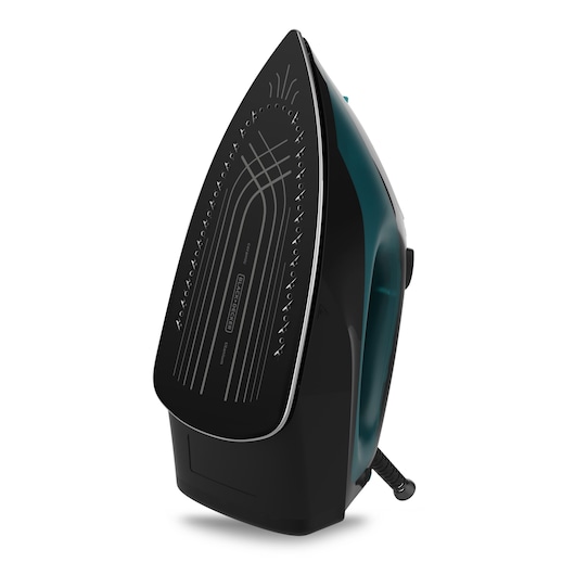 A BLACK+DECKER steam iron (model BXIR2403E) standing upright, showing its black and silver soleplate with multiple steam holes, against a white background.