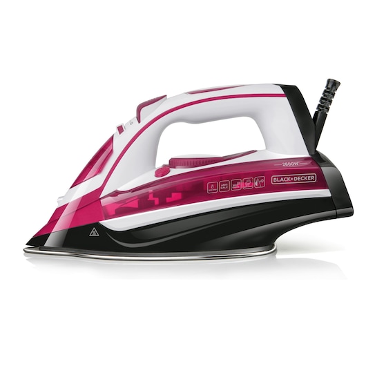 Side view of a BLACK+DECKER BXIR2600E steam iron with a white, black, and pink design, visible control buttons, and power cord.