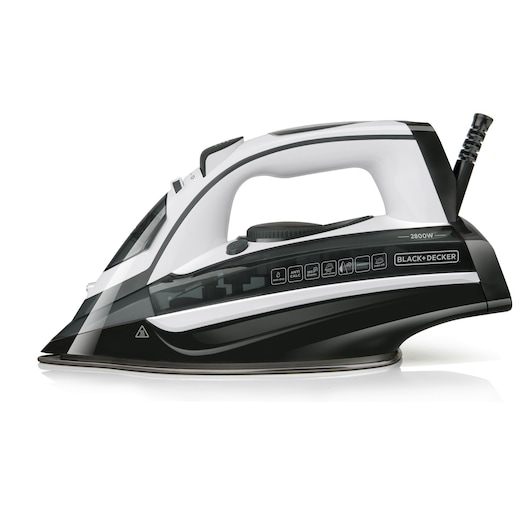A BLACK+DECKER steam iron, model BXIR2800E, with a sleek black and white design and various settings displayed on the side.