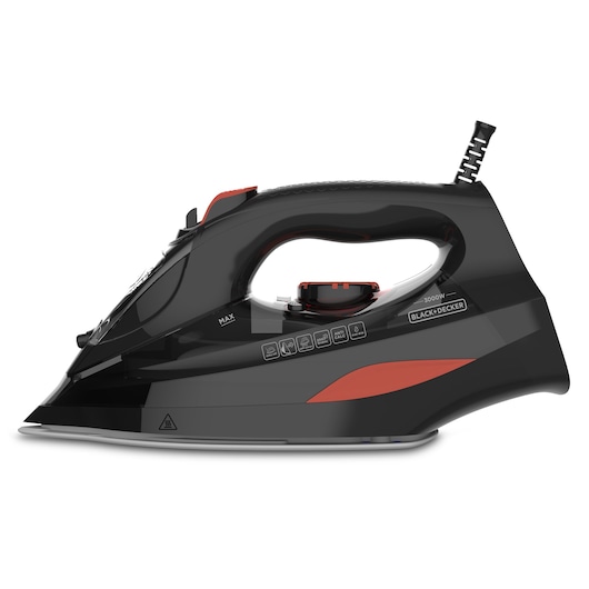 A BLACK+DECKER BXIR3000E steam iron, black with red accents, shown in side profile view. The iron features a sleek, modern design with a visible water tank, control dial, and steam output settings on the body.