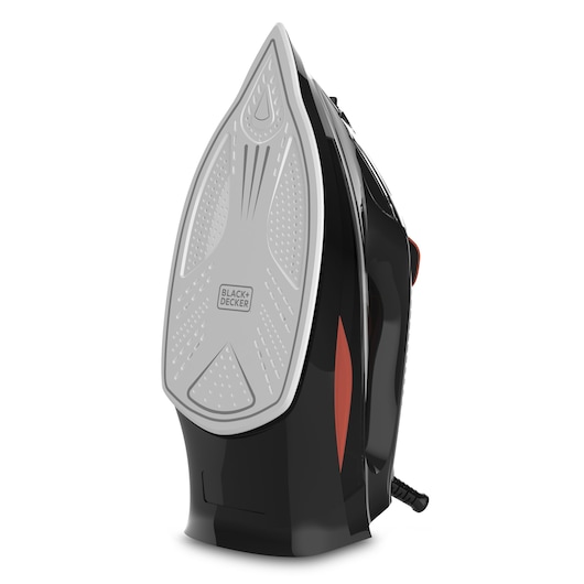 A close-up view of the BLACK+DECKER BXIR3000E steam iron, showing the soleplate design with brand logo, black and red colored body, and cord against a white background.