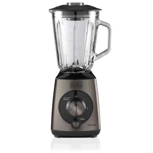 A BLACK+DECKER blender with a glass container and a black lid, featuring a control knob, pulse function, and a 1000W power rating, standing on a white background.