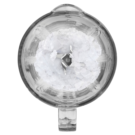 BLACKDECKER BXJB1000E blender jar with crushed ice, top-down angle, clear glass, steel blades, photography