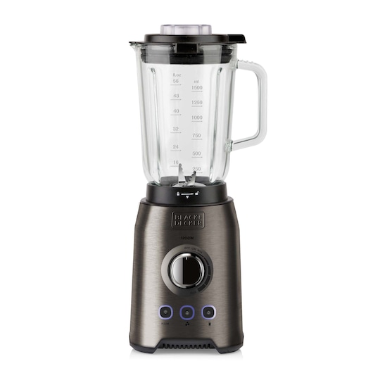 A BLACK+DECKER countertop blender with a metallic base and a clear glass jar, featuring measurement markings and a handle. The blender has multiple control buttons on the front.