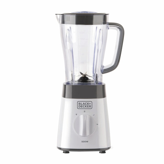 A BLACK+DECKER BXJB500E blender with a transparent plastic jar, black and silver base, and control dial on the front.