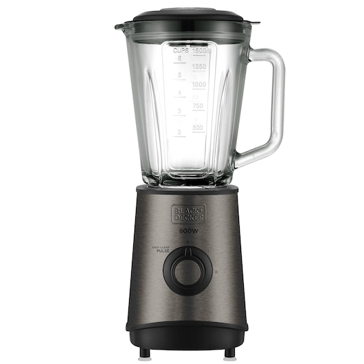 A BLACK+DECKER electric countertop blender with a stainless steel base, a control dial, and a clear glass jar marked with measurements up to 1500 ml.