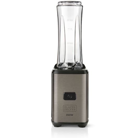 A BLACK+DECKER BXJBA350E blender with a stainless steel base and a transparent blending container, shown standing upright on a white background.