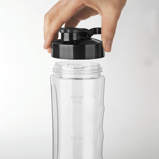 BLACKDECKER BXJBA350E clear plastic bottle with black lid held above, front angle.