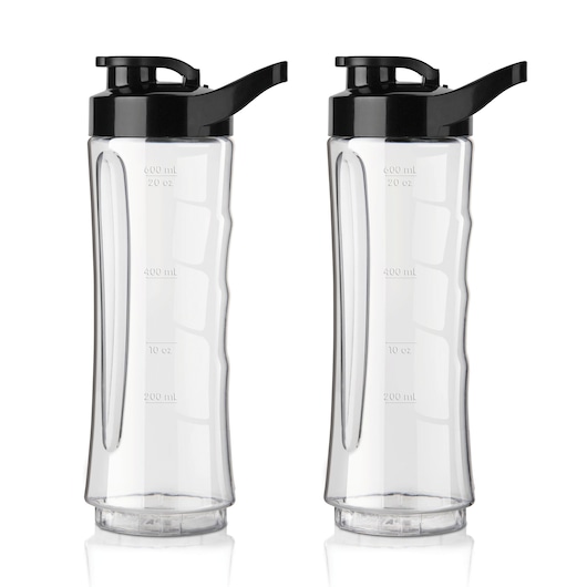 BLACKDECKER BXJBA350E clear plastic bottles with black lids, front angle, showing measurement markings.