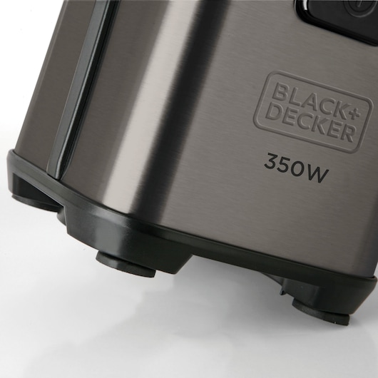 Close-up of BLACK+DECKER BXJBA350E blender base in brushed stainless steel with 350W label.